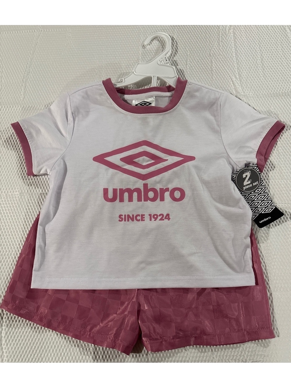 Umbro Kids 2-Piece Athletic Set - White/Pink T-Shirt with Matching Shorts, 7/8
